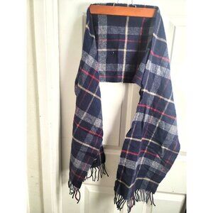 Harrods Of London Lambswool Plaid Scarf Dark Blue/Red 100% Wool Fringed Edges 68